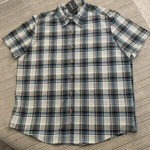 Eddie Bauer Performance Shirt Men Large Blue Ivory Plaid Stretch Lightweight NEW